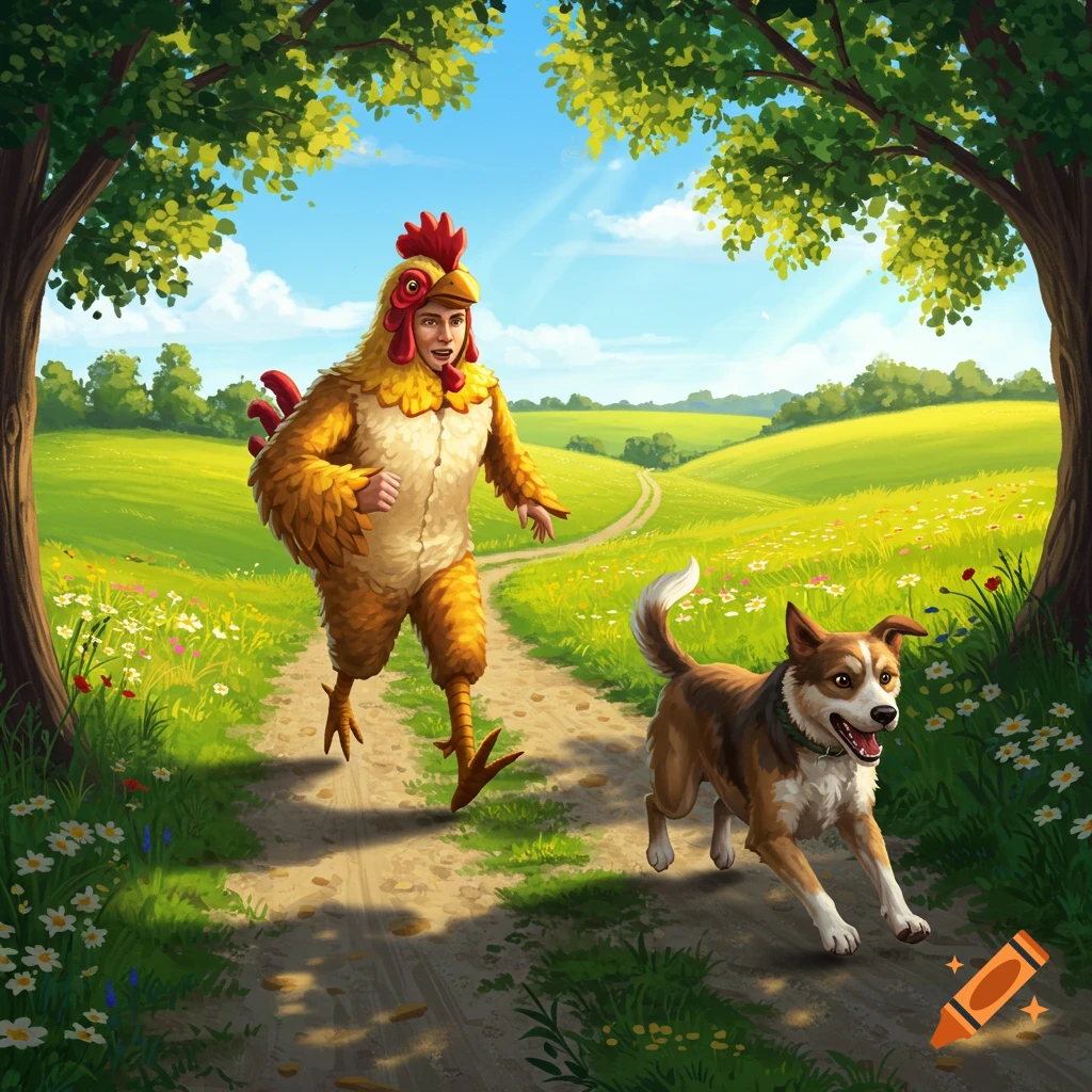 A person in a chicken costume runs on a dirt path through a sunny green field, pursued by a happy brown and white dog.