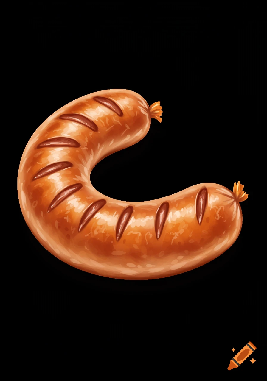A freshly cooked, curved sausage with grill marks against a black background.