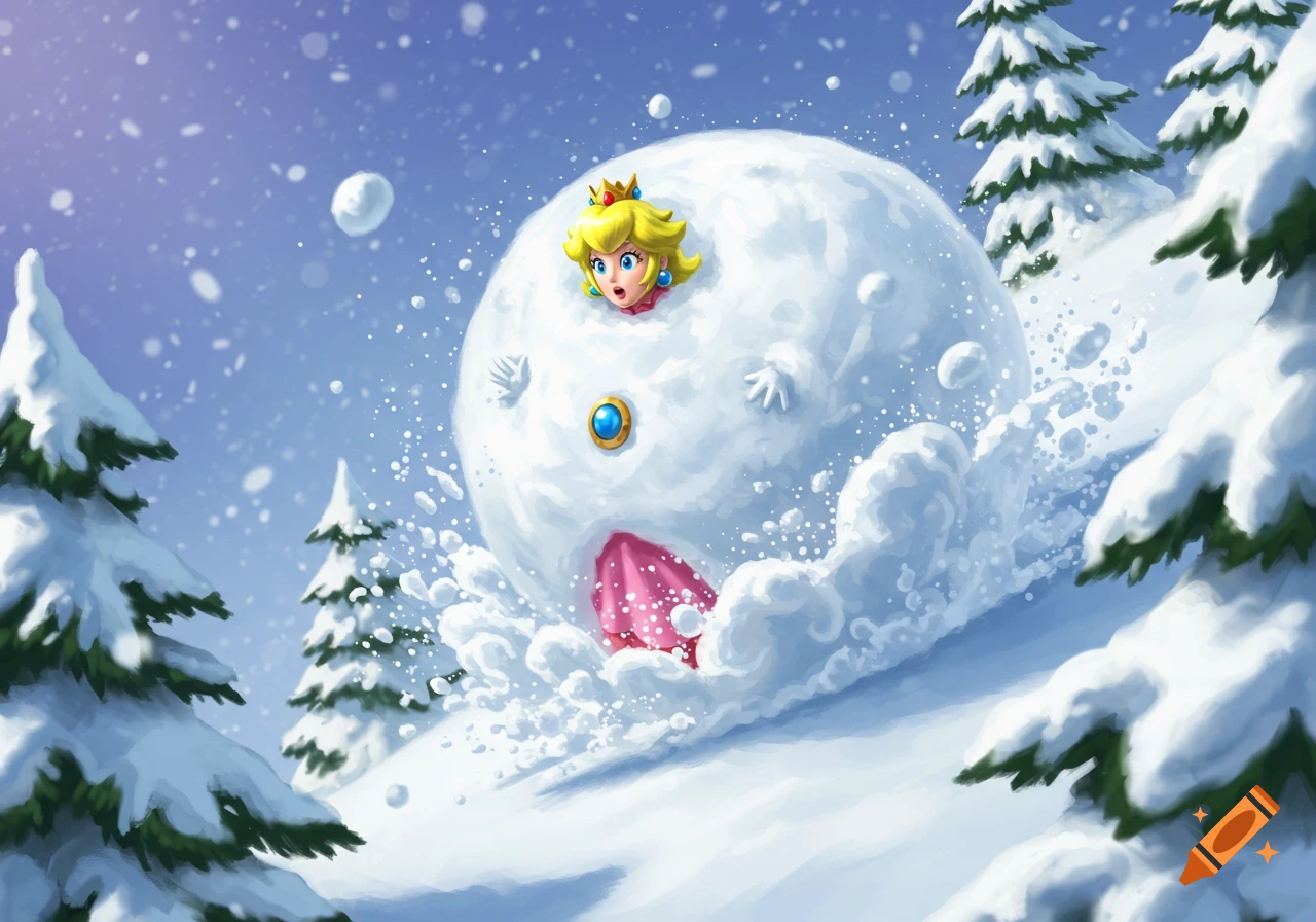 Cartoon illustration of Princess Peach stuck in a giant snowball rolling down a snowy hill with pine trees.