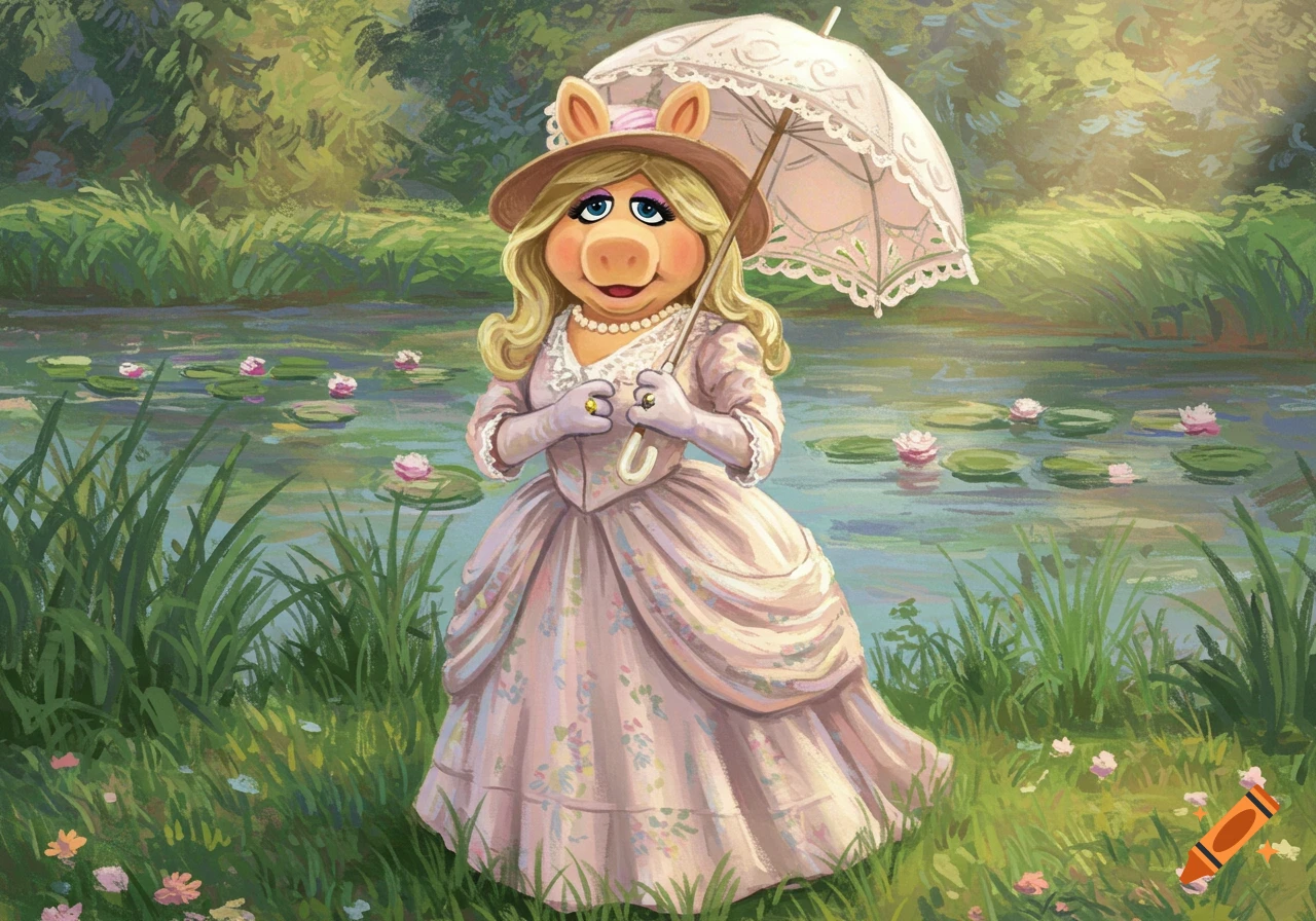 Painting of Miss Piggy in a pink dress and hat, holding a parasol by a pond with lily pads, in a lush, sunlit landscape.
