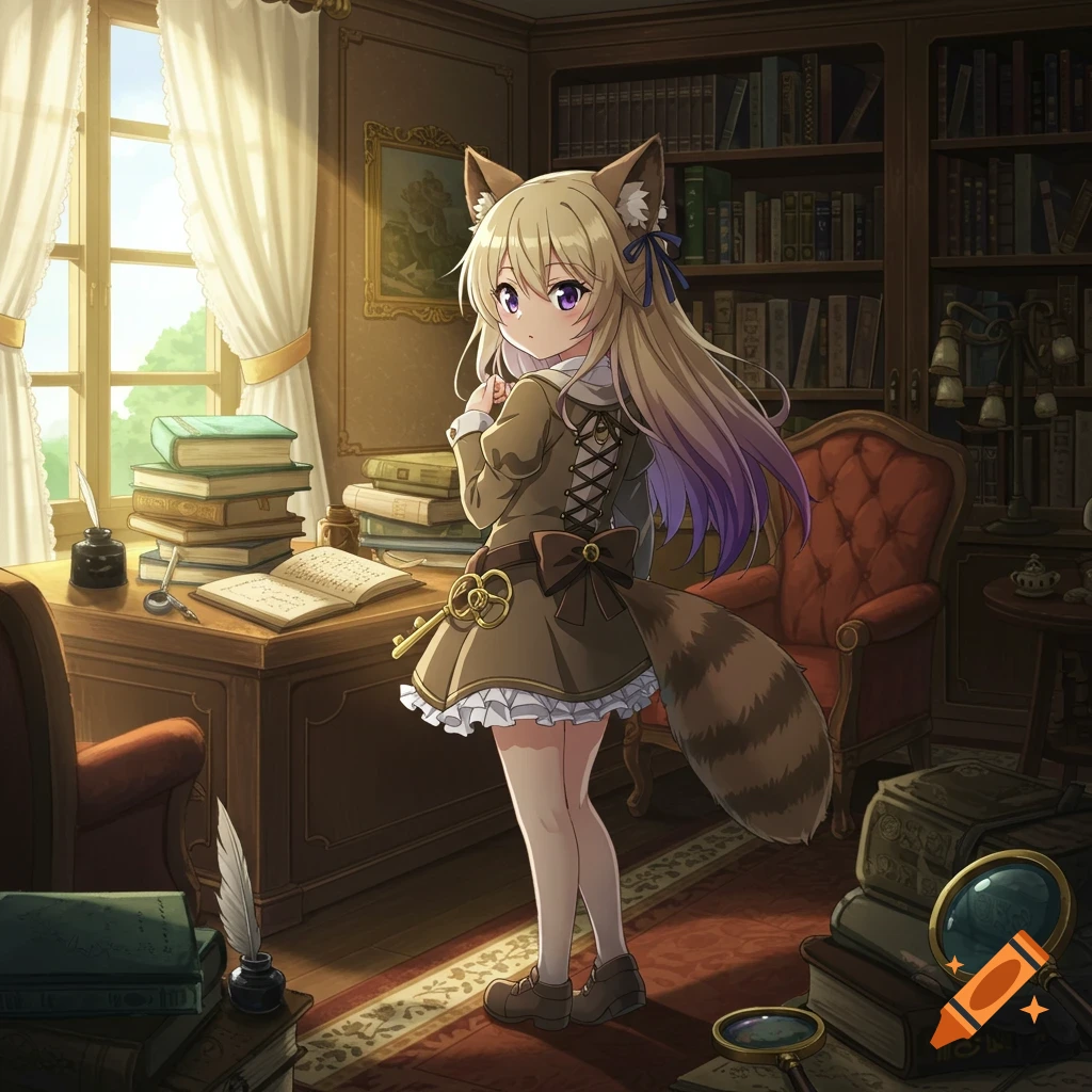 An anime girl with raccoon ears and tail, wearing a brown dress and holding a key-shaped magnifying glass, stands in a cozy library with books.