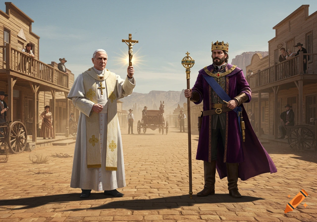A solemn Pope holding a glowing crucifix stands opposite a regal king with a scepter in a dusty Old West town street.