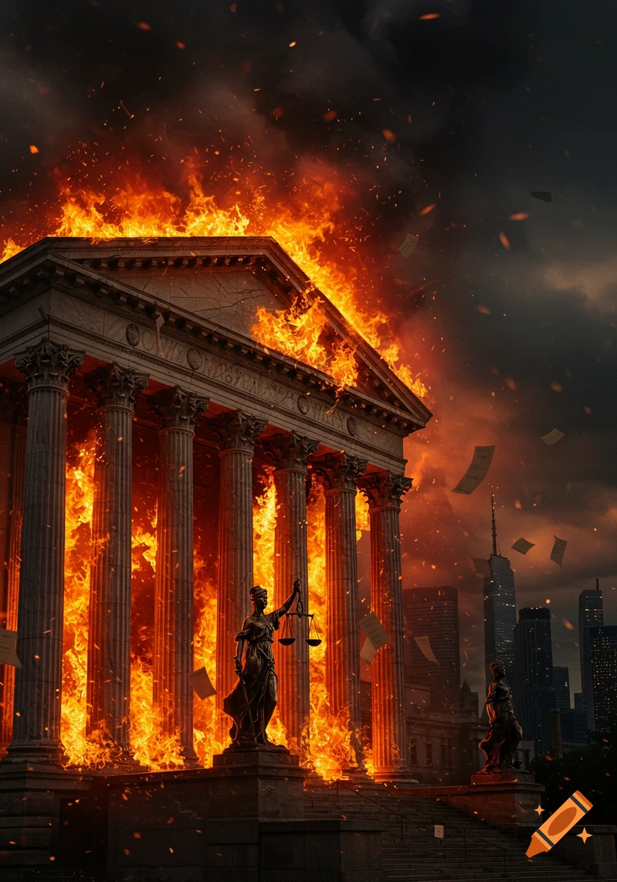 A classical courthouse building engulfed in flames, with a Lady Justice statue and a dark city skyline in the background.