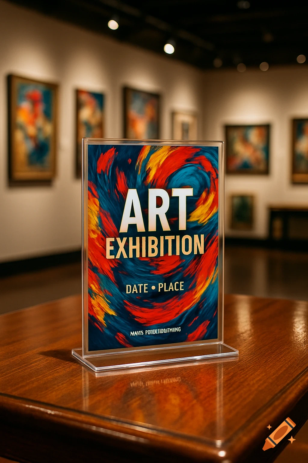 An art exhibition poster in an acrylic holder on a wooden table, with blurry paintings in the background of a gallery. The poster has abstract red, orange, and blue swirls with the text "ART EXHIBITION" and "DATE • PLACE" clearly visible.
