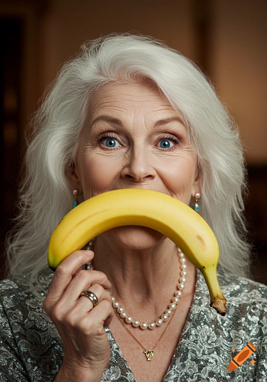 Photorealistic portrait of an elegant elderly woman with white hair and blue eyes, holding a banana to her mouth like a smile, looking amused.
