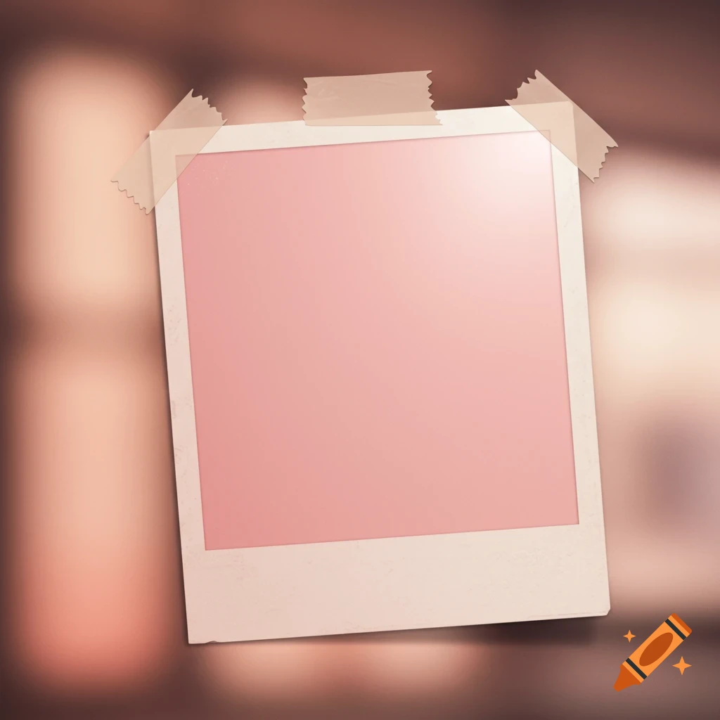 A blank pink polaroid photo frame taped to a blurry brown background with a subtle gradient.