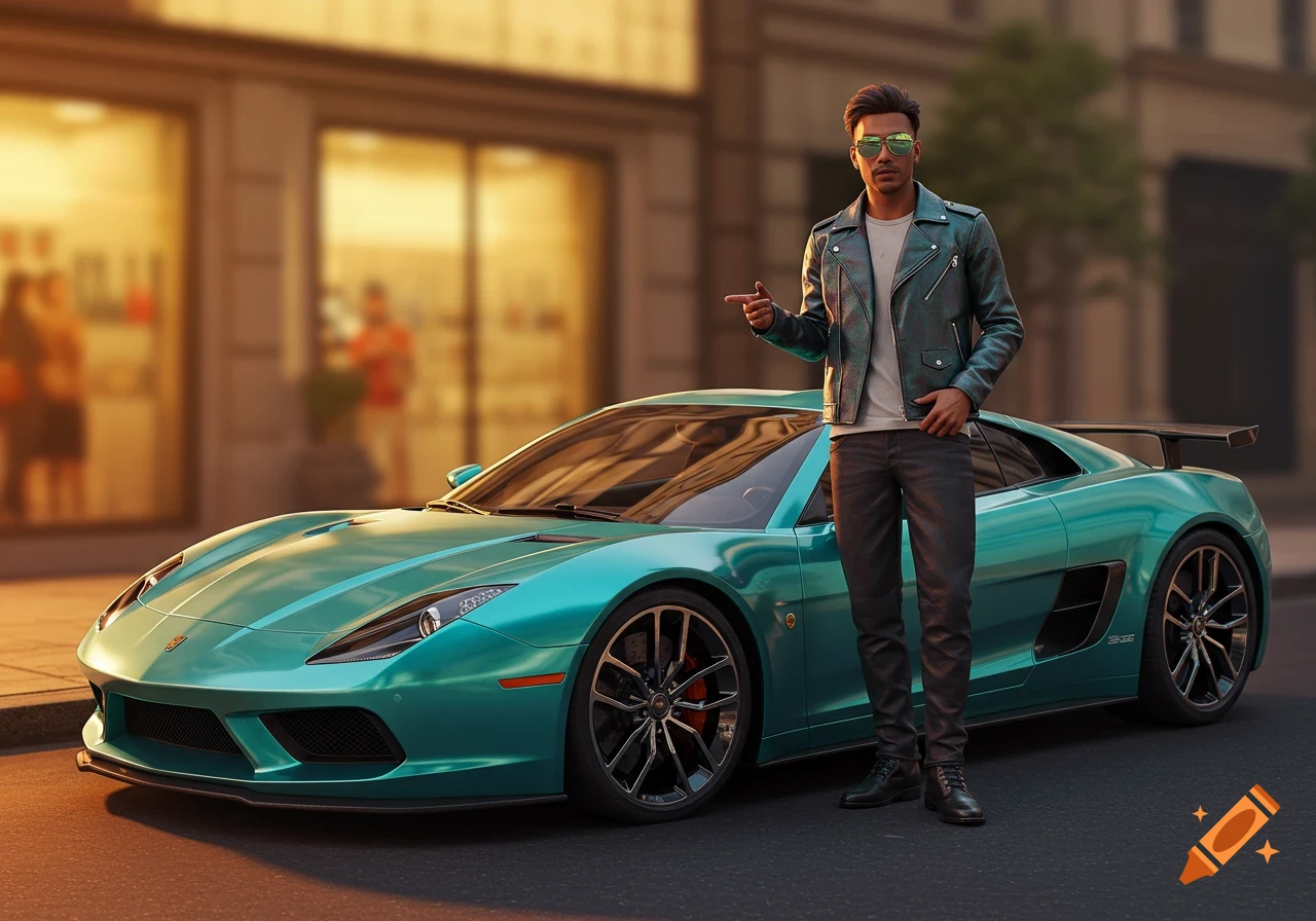 A stylish man in a leather jacket and sunglasses points while standing next to a teal sports car on a city street at sunset.