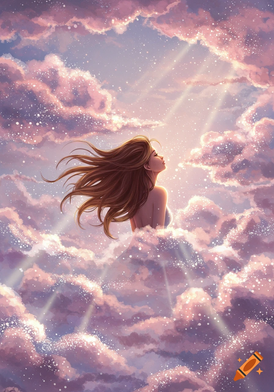 Digital art of a woman, back to viewer, looking up with flowing brown hair amidst sparkling pink and purple clouds.