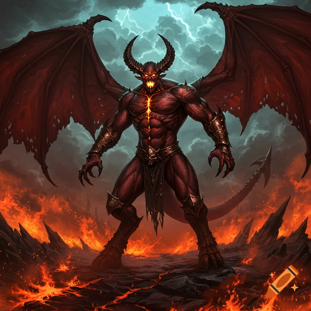 Muscular red daemon with large wings, horns, and glowing eyes in a fiery hellscape under a stormy, lightning-filled sky.