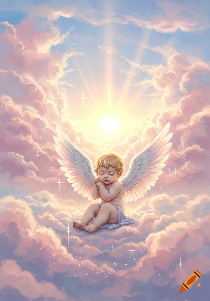A blonde baby angel with white wings sits peacefully on a pink and white cloud, bathed in soft sunlight and sparkles.
