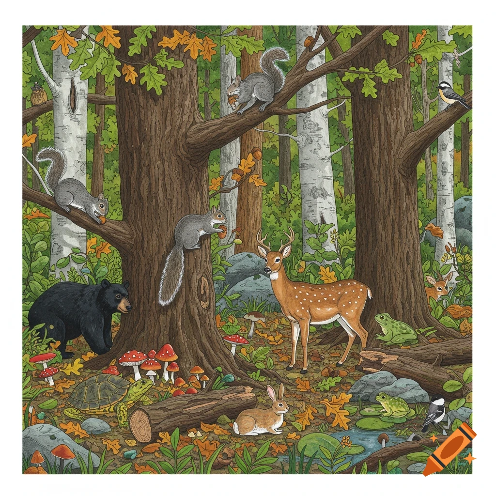 A detailed illustration of a busy New England forest, featuring squirrels, a black bear, deer, a rabbit, a turtle, frogs, and birds.