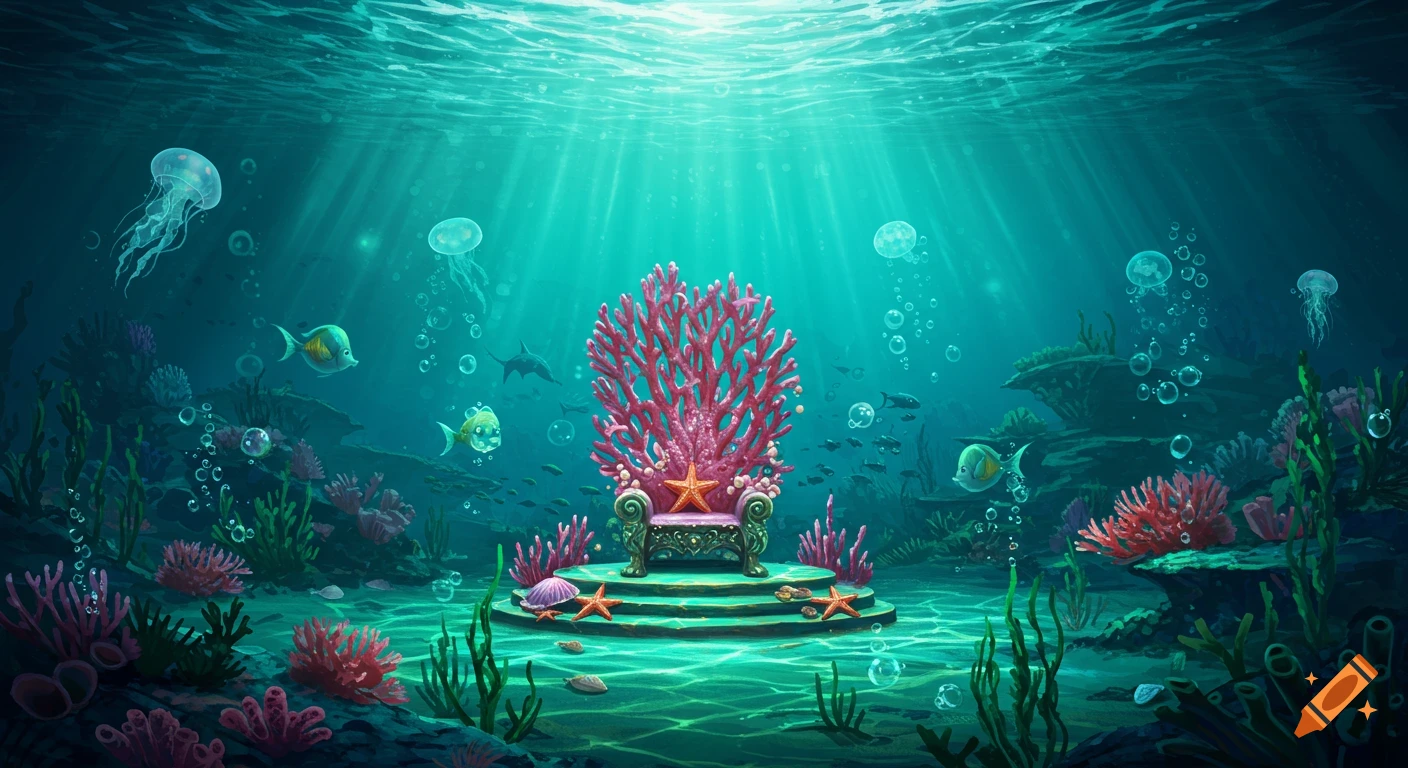 A vibrant cartoon underwater scene with a coral throne, jellyfish, and tropical fish, with rays of light penetrating the surface.