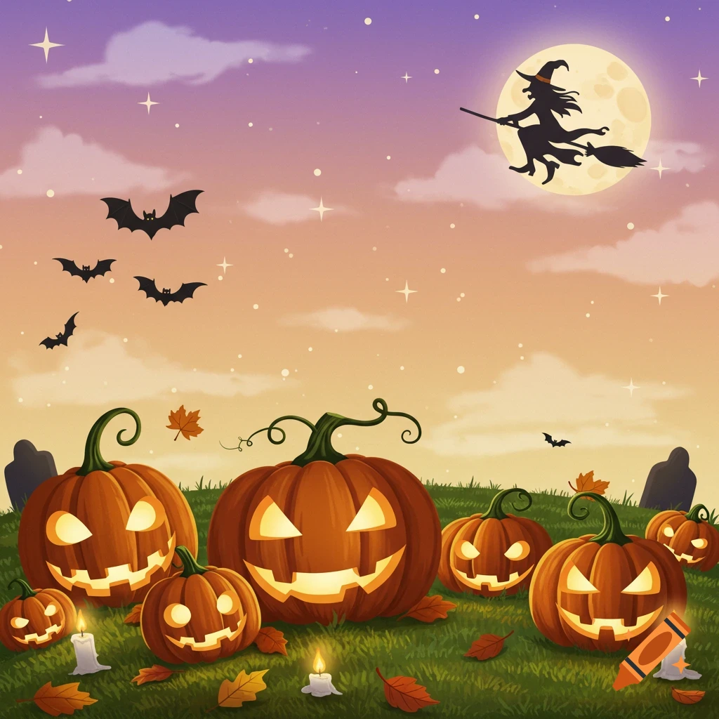 A cheerful Halloween illustration with glowing jack-o'-lanterns, bats, and a witch flying across a full moon at dusk.