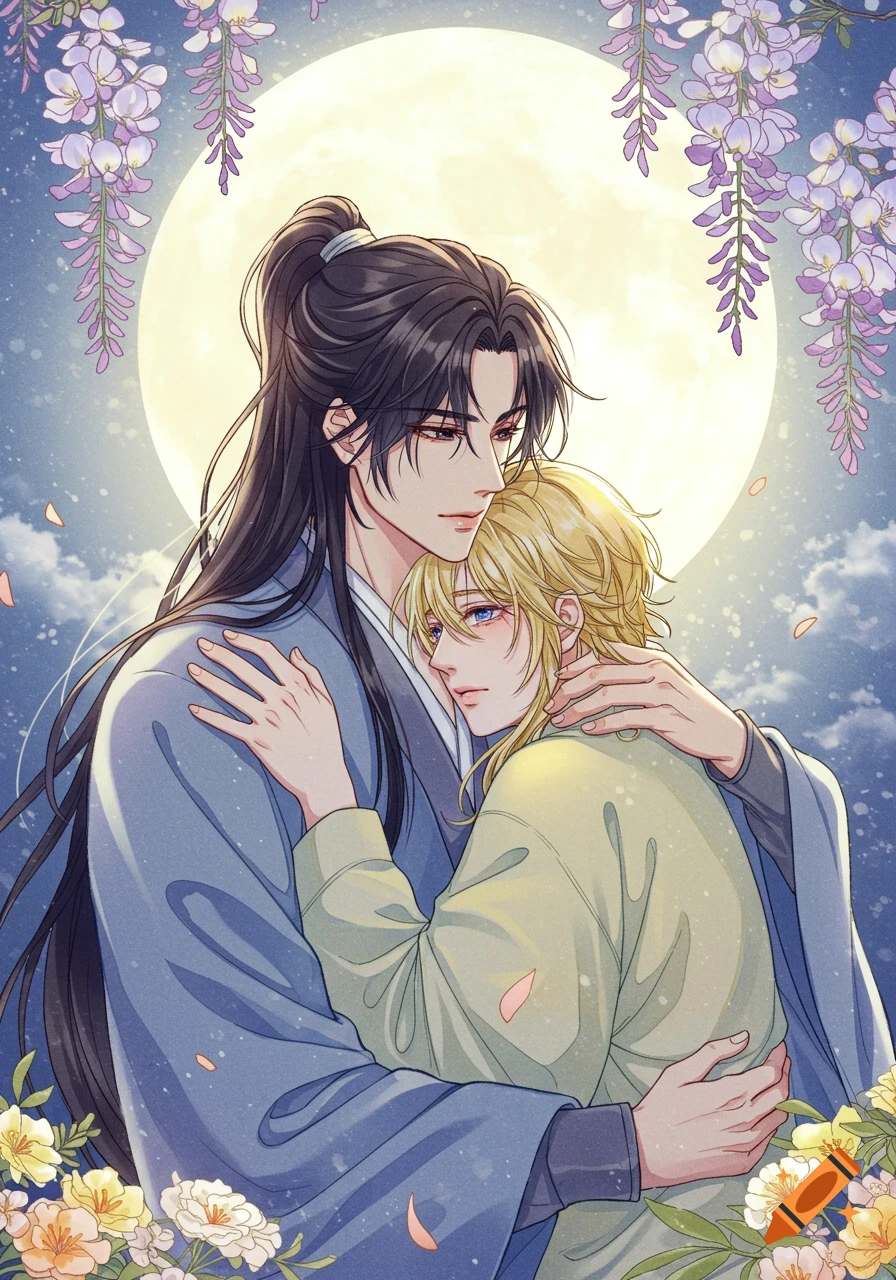 Anime illustration of two young men embracing under a full moon, framed by wisteria and flowers, in a soft, romantic style.