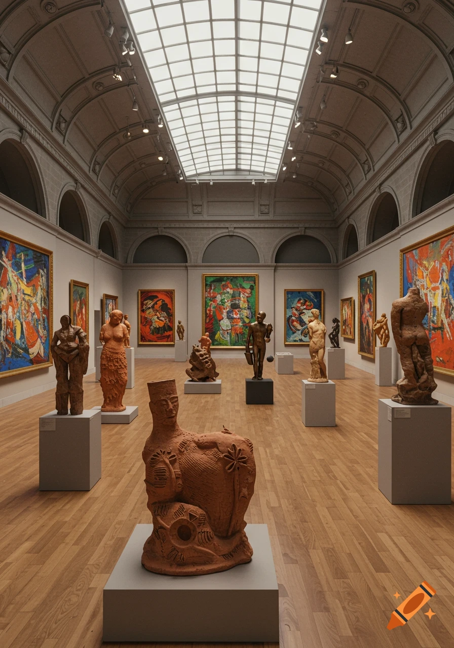 An art museum with a high arched ceiling and skylights, displaying abstract paintings and various sculptures on pedestals on a wooden floor.