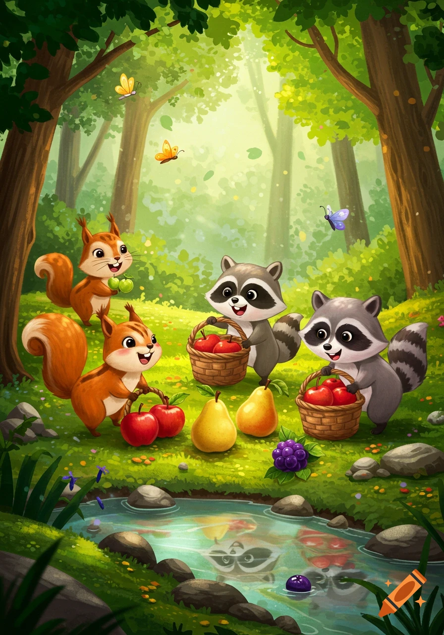 Cartoon squirrels and raccoons gather fruit in a sunny forest with a stream and butterflies.