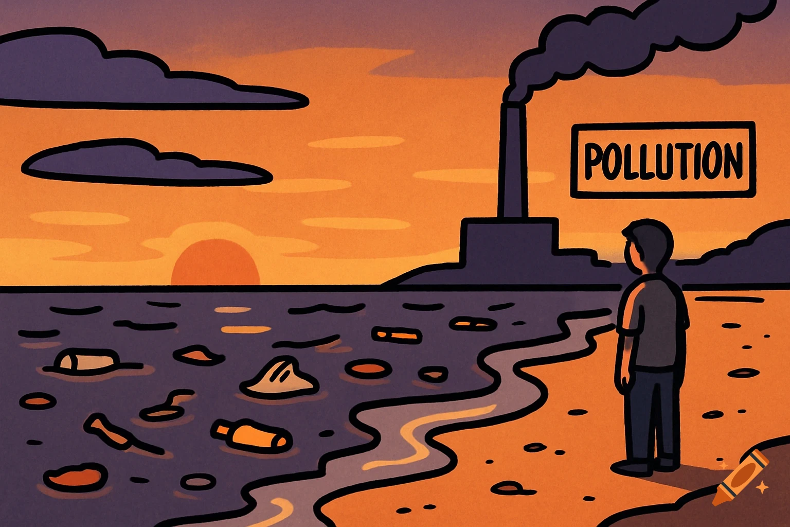 Cartoon of a polluted beach at sunset, with a smoking factory, trash in the water, and a person on the shore. A sign reads 'POLLUTION'.