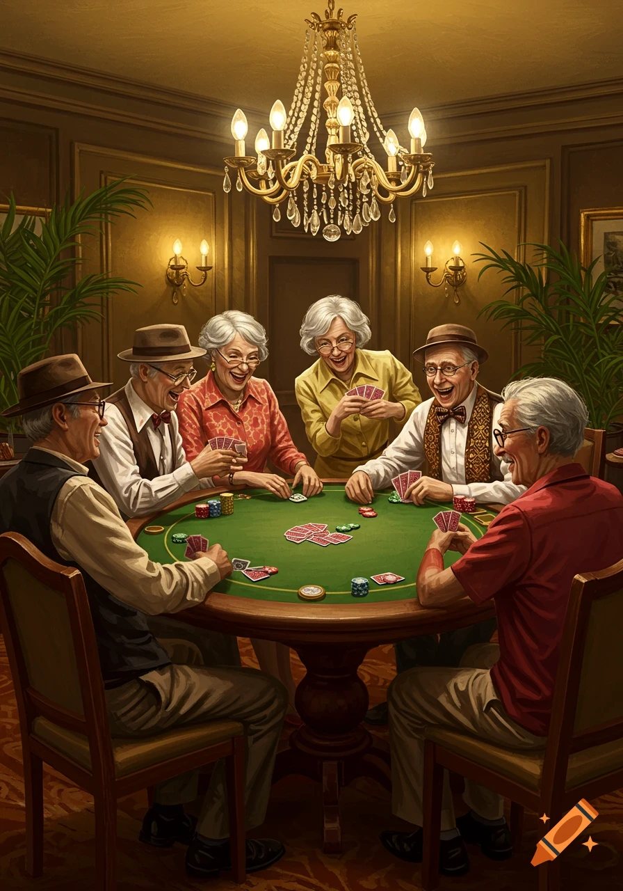 Elderly men and women laughing joyfully while playing poker around a green table in a warmly lit, elegant room.