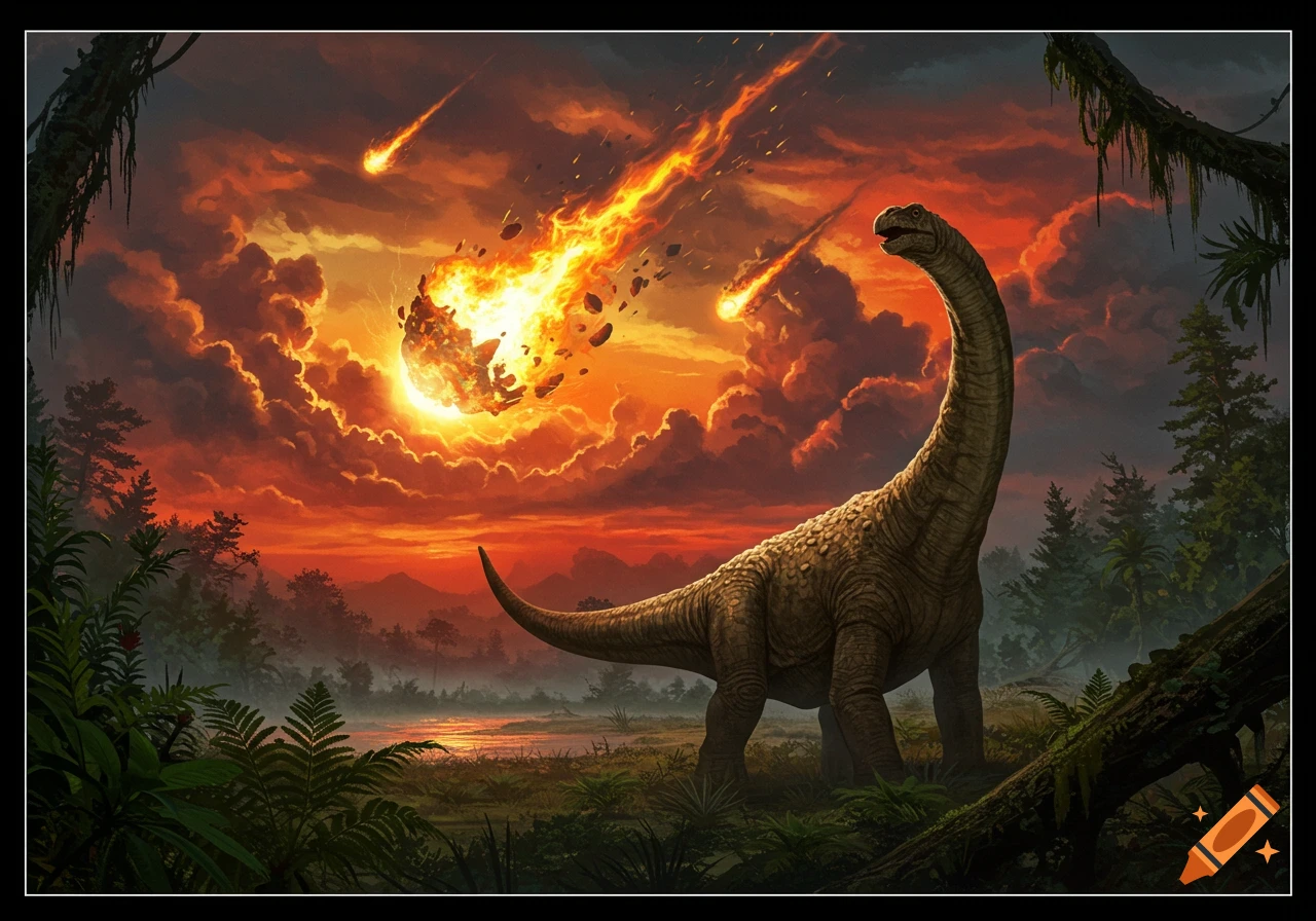 A dramatic illustration of a large dinosaur in a prehistoric jungle, looking up as fiery meteors fall from an orange sky.
