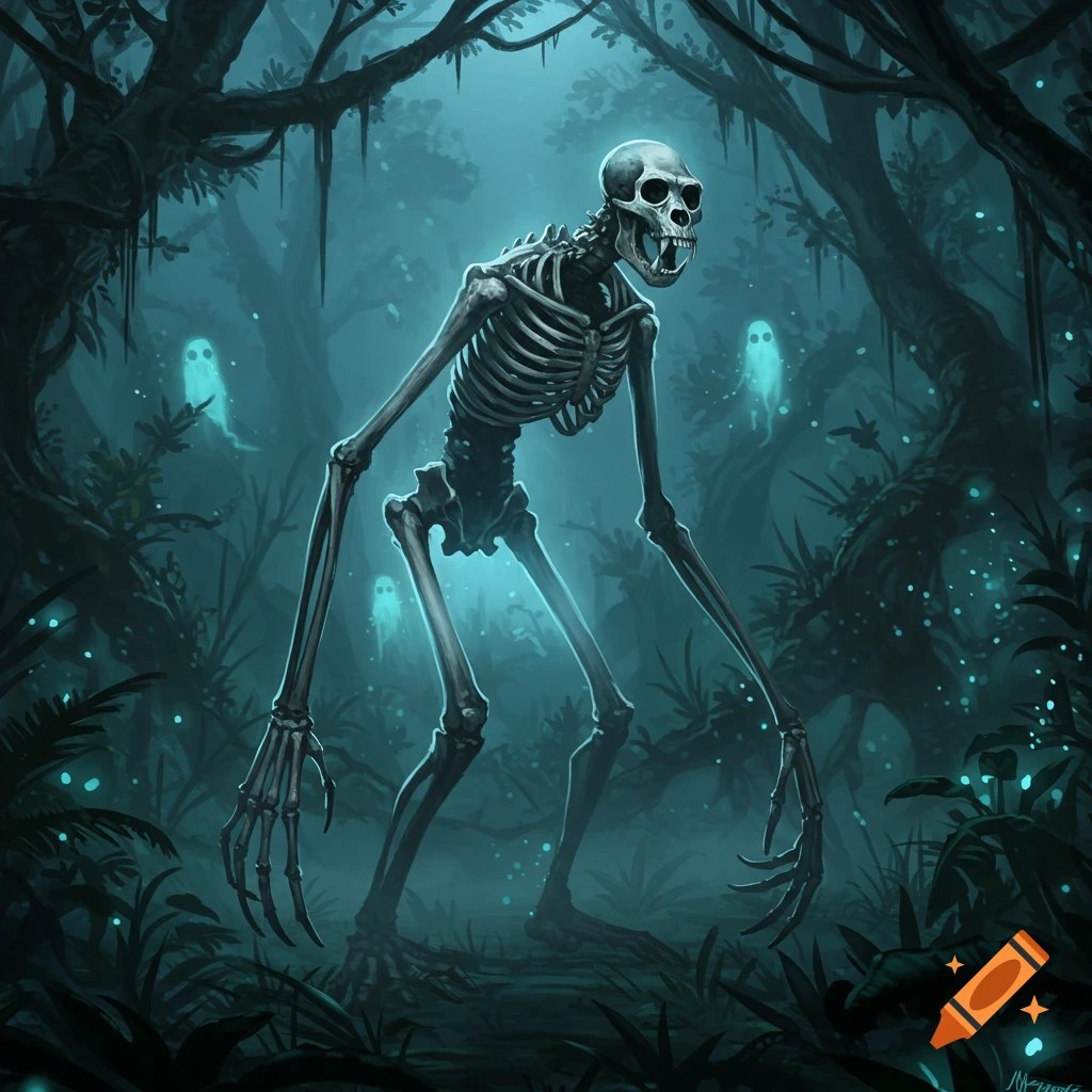 A stylized illustration of a thin gorilla skeleton with long claws standing in a dark, misty jungle with glowing blue ghosts.