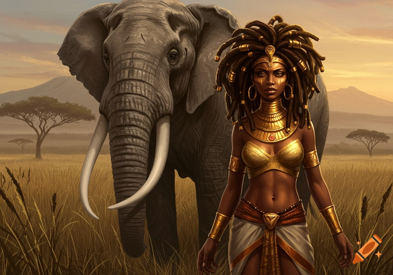 A dark-skinned warrior princess with dreadlocks and golden jewelry stands in a savanna with a large elephant behind her. Mountains are in the distance.