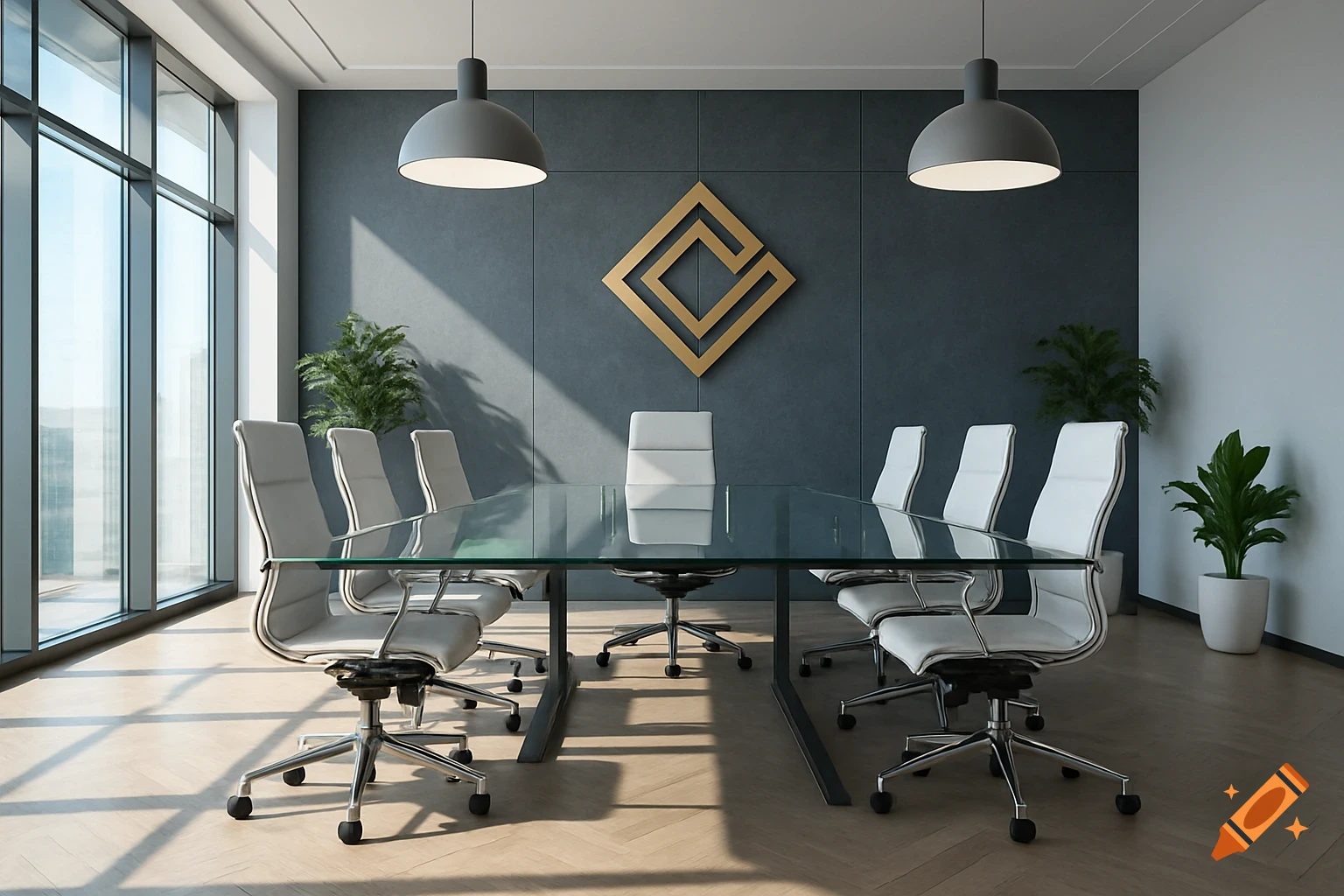 A modern office meeting room with a long glass table, white chairs, large windows, and a golden geometric logo on a dark gray wall.