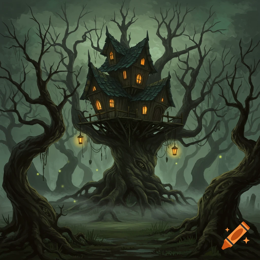 Spooky treehouse with glowing windows in a dark, foggy forest of gnarled trees, fantasy art style.