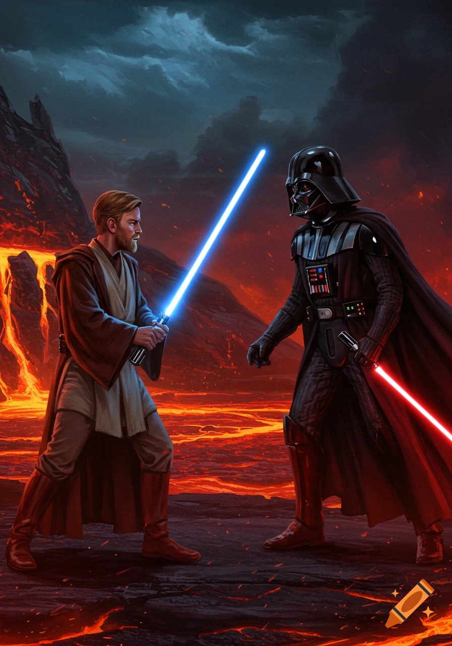 Obi-Wan Kenobi and Darth Vader duel with lightsabers on a fiery, volcanic planet in a detailed, illustrative style.