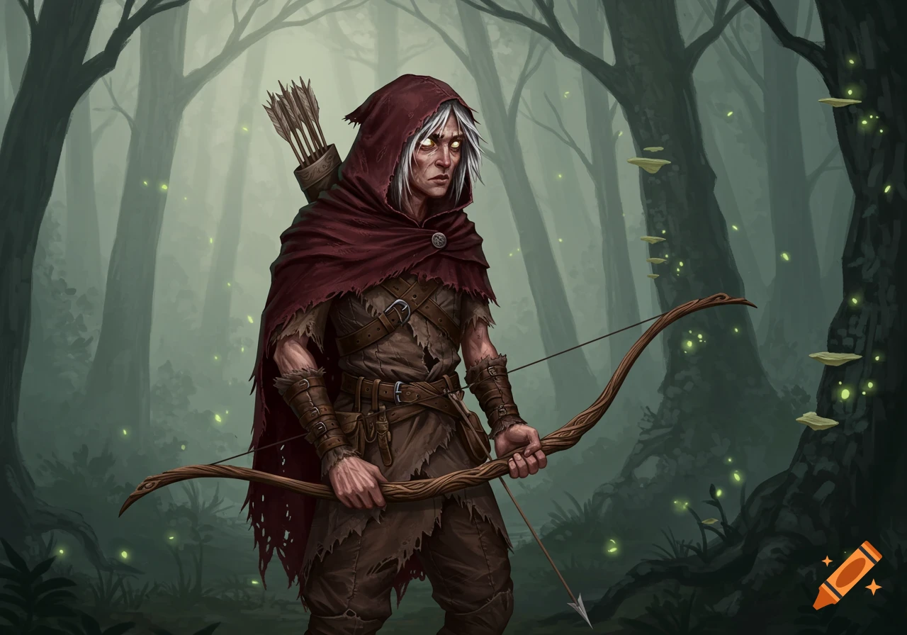 A gaunt fantasy hunter in a red hood, holding a bow and quiver, stands in a misty forest with glowing fungi.