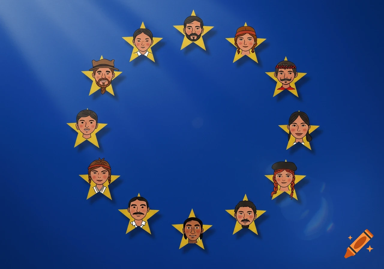 Cartoon faces of diverse people in yellow stars forming a circle on a blue background, resembling the European flag.