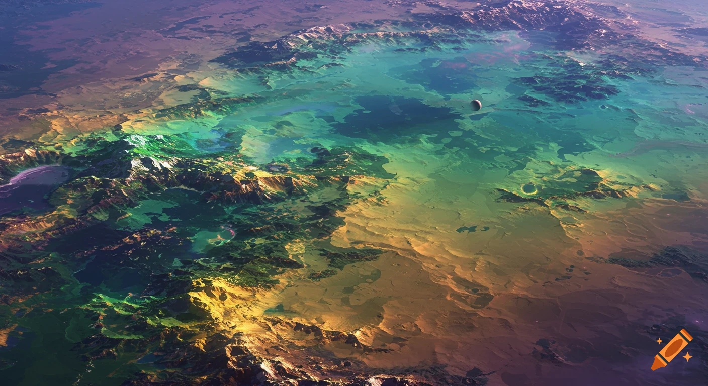 Vibrant aerial view of a mountainous alien planet with colorful terrain and a moon in the sky.