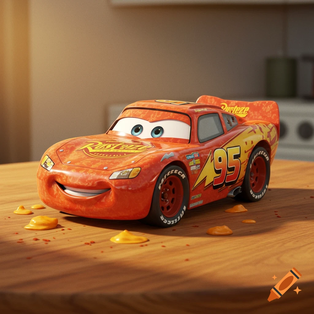 A photorealistic Lightning McQueen hot pocket sits on a wooden table, surrounded by small puddles of orange sauce.