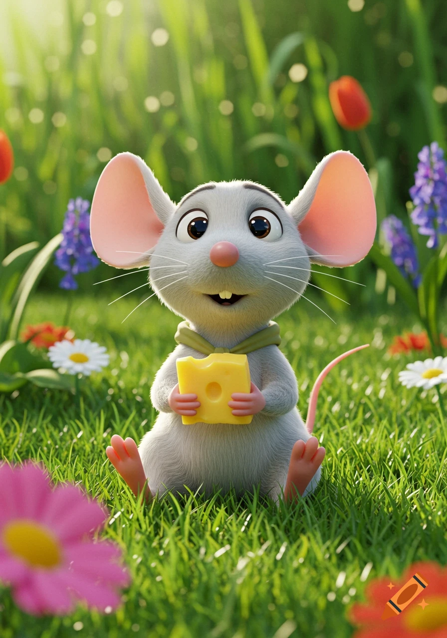 Cute 3D Pixar-style mouse with gray fur holding cheese, sitting in a vibrant green garden with colorful flowers.