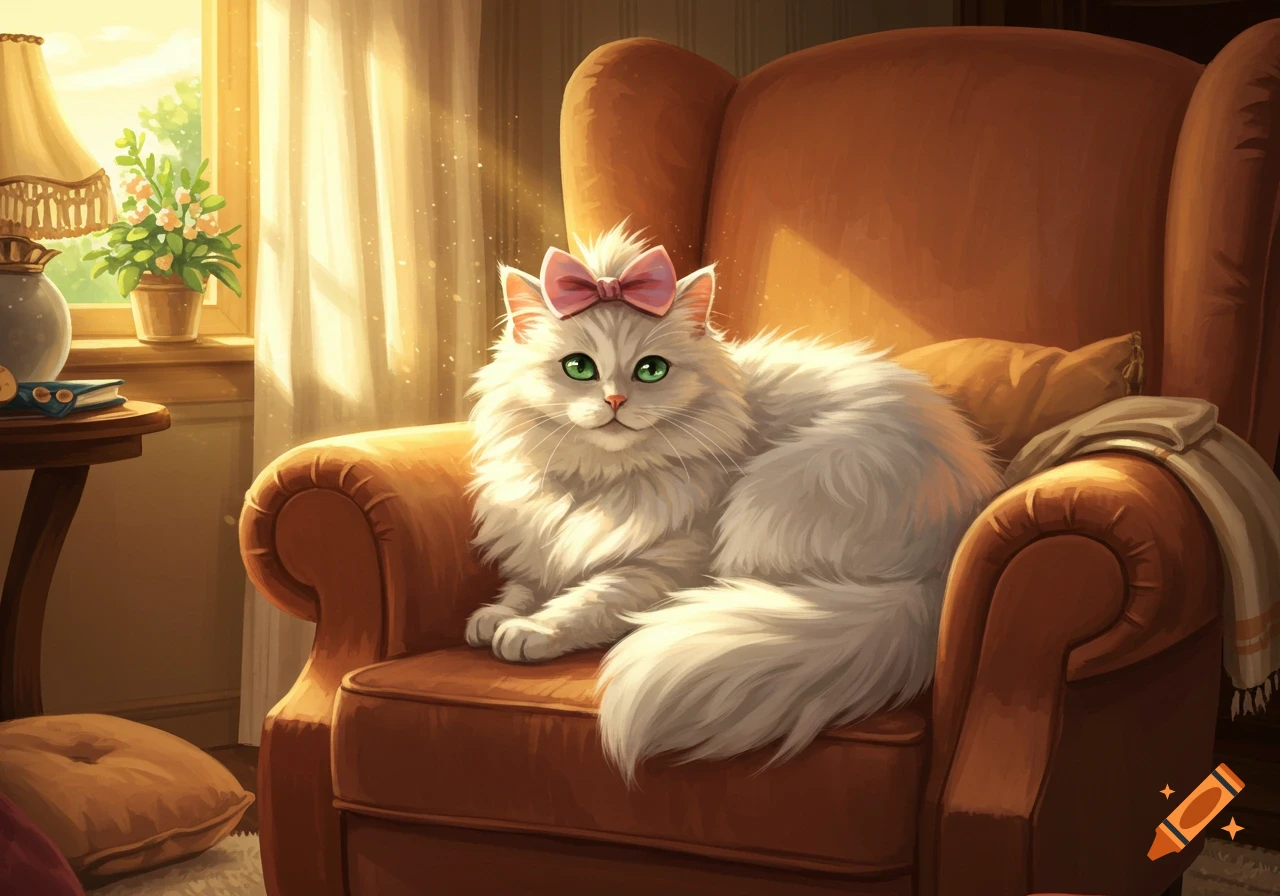 A fluffy white cat with green eyes and a pink bow sits on a cozy brown armchair bathed in sunlight, in a digital art style.