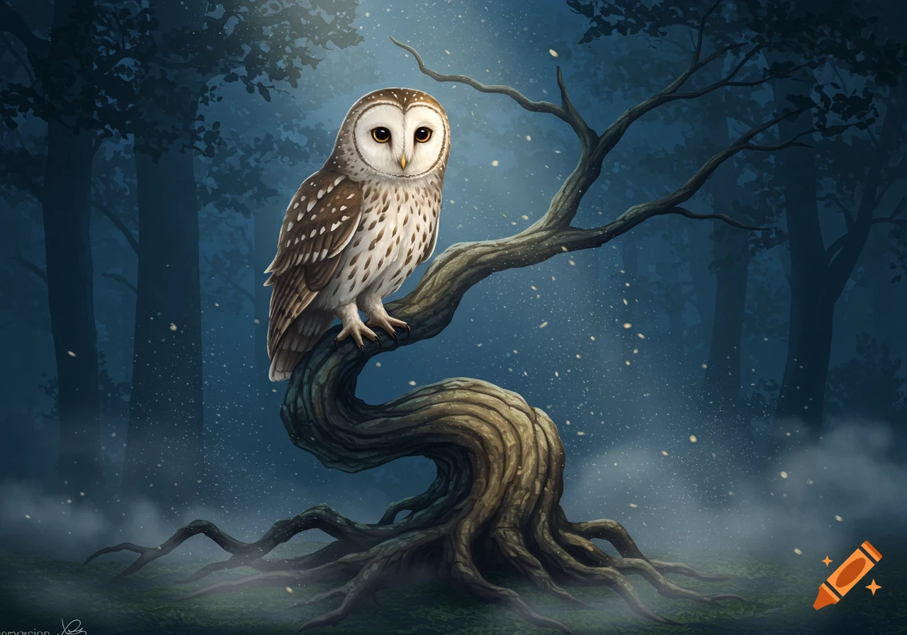 An illustration of a spotted owl with large yellow eyes perched on a gnarled, twisted tree branch in a misty, dark forest with fireflies.