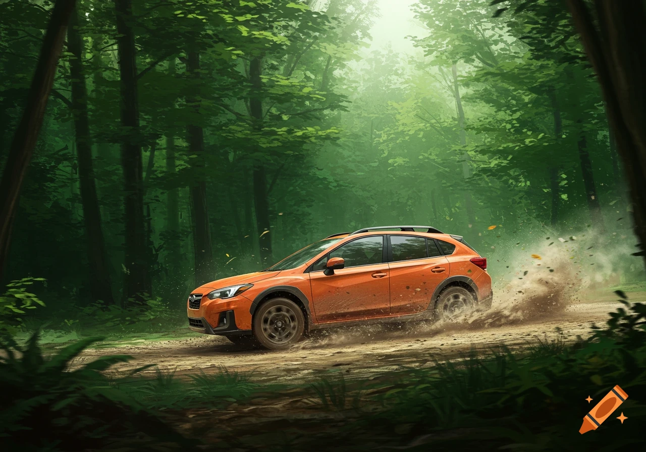 An orange Subaru Crosstrek kicks up dirt as it rallies through a dense, lush green forest on a sunny day.