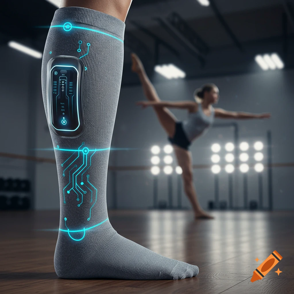 Close-up of a leg in a grey compression sock with a glowing blue sensor and circuitry. A blurred gymnast stretches in a gym background.