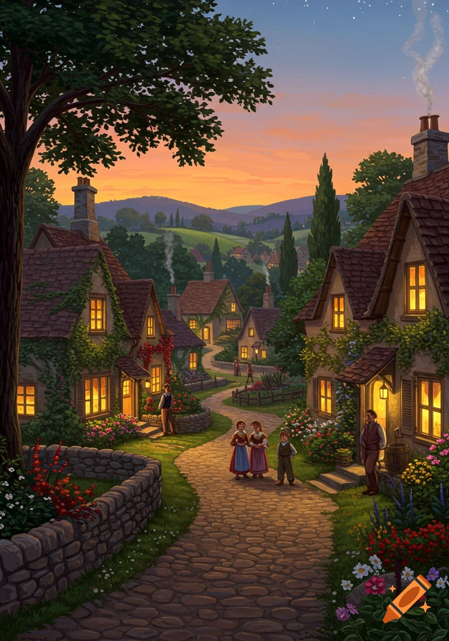 Illustrative painting of a charming village at dusk. People stroll on a cobblestone path past glowing cottages and lush gardens.