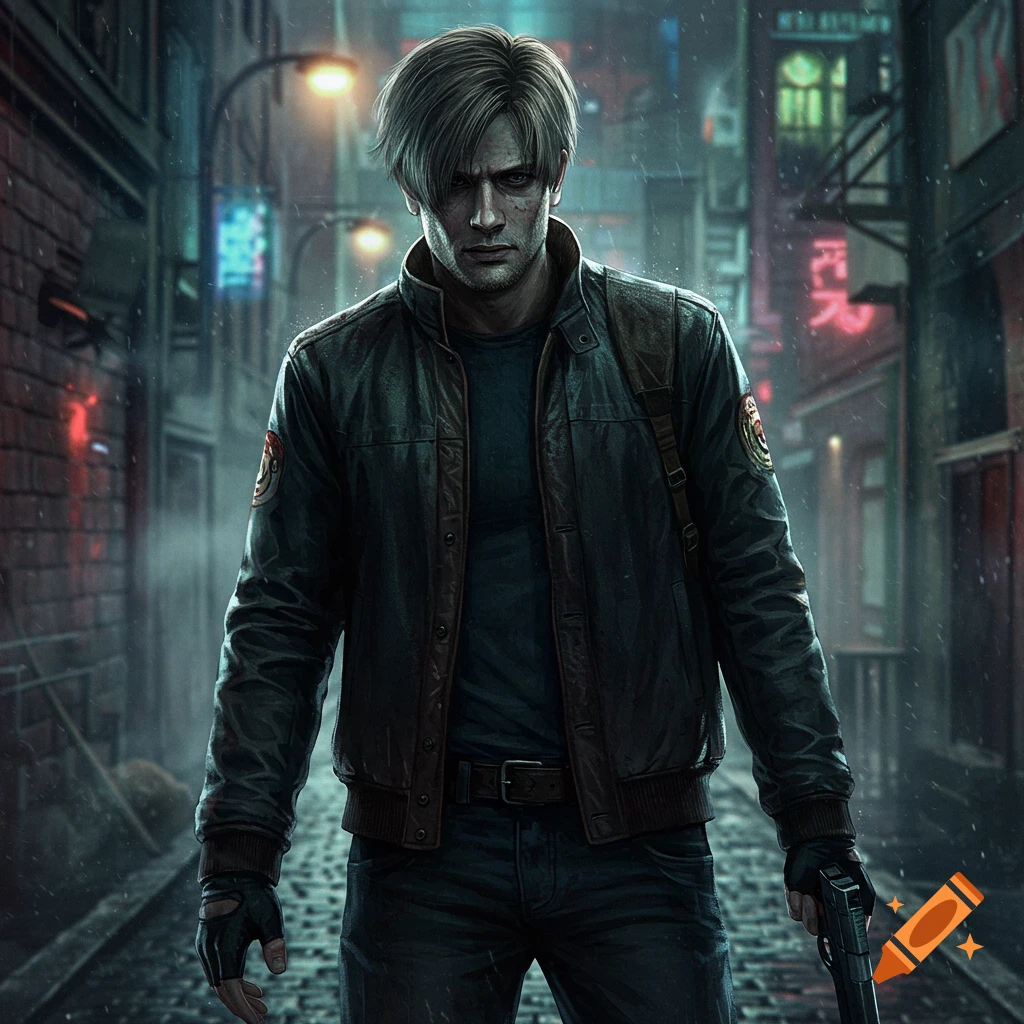 A gritty, photorealistic depiction of a man resembling Leon Kennedy, holding a gun in a dark, rainy urban alley with neon signs.