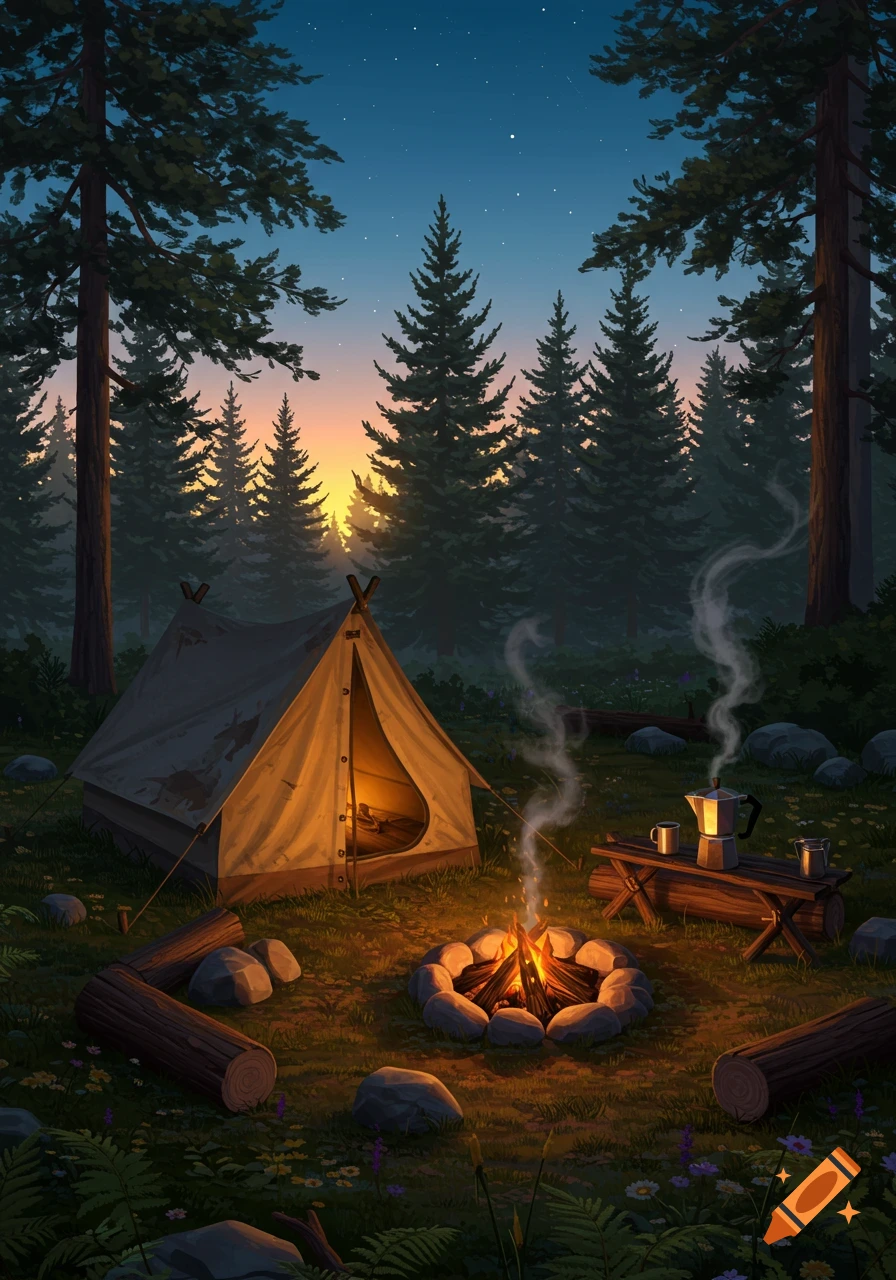 A cozy campsite illustration at sunset with a lit tent, campfire, and coffee pot in a dense pine forest under a starry sky.