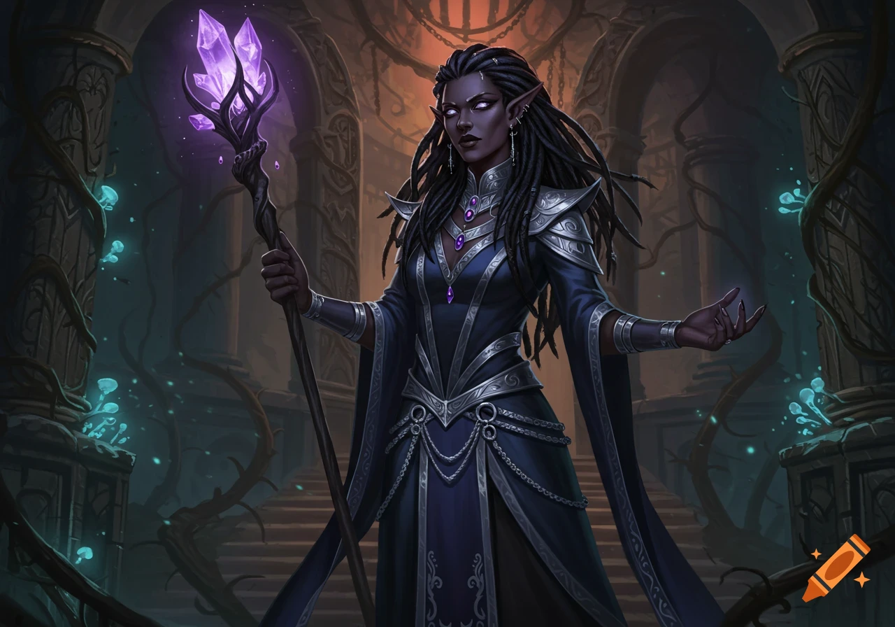 A dark-skinned Drow priestess with dreadlocks, wearing elegant dark robes and armor, holds a glowing purple crystal staff in ancient ruins.