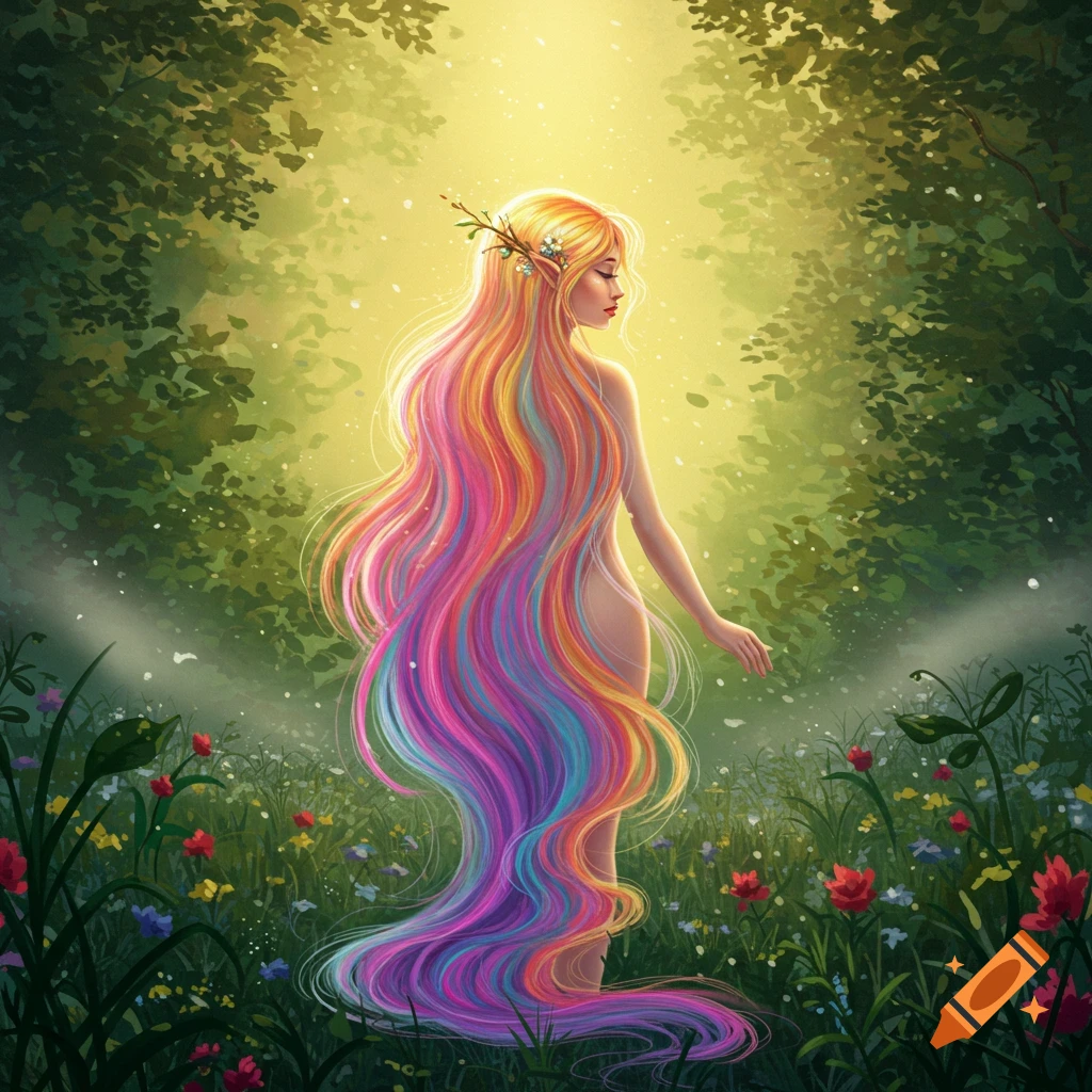 Goddess with long, rainbow-colored hair in a sunlit forest filled with wildflowers. Digital art.