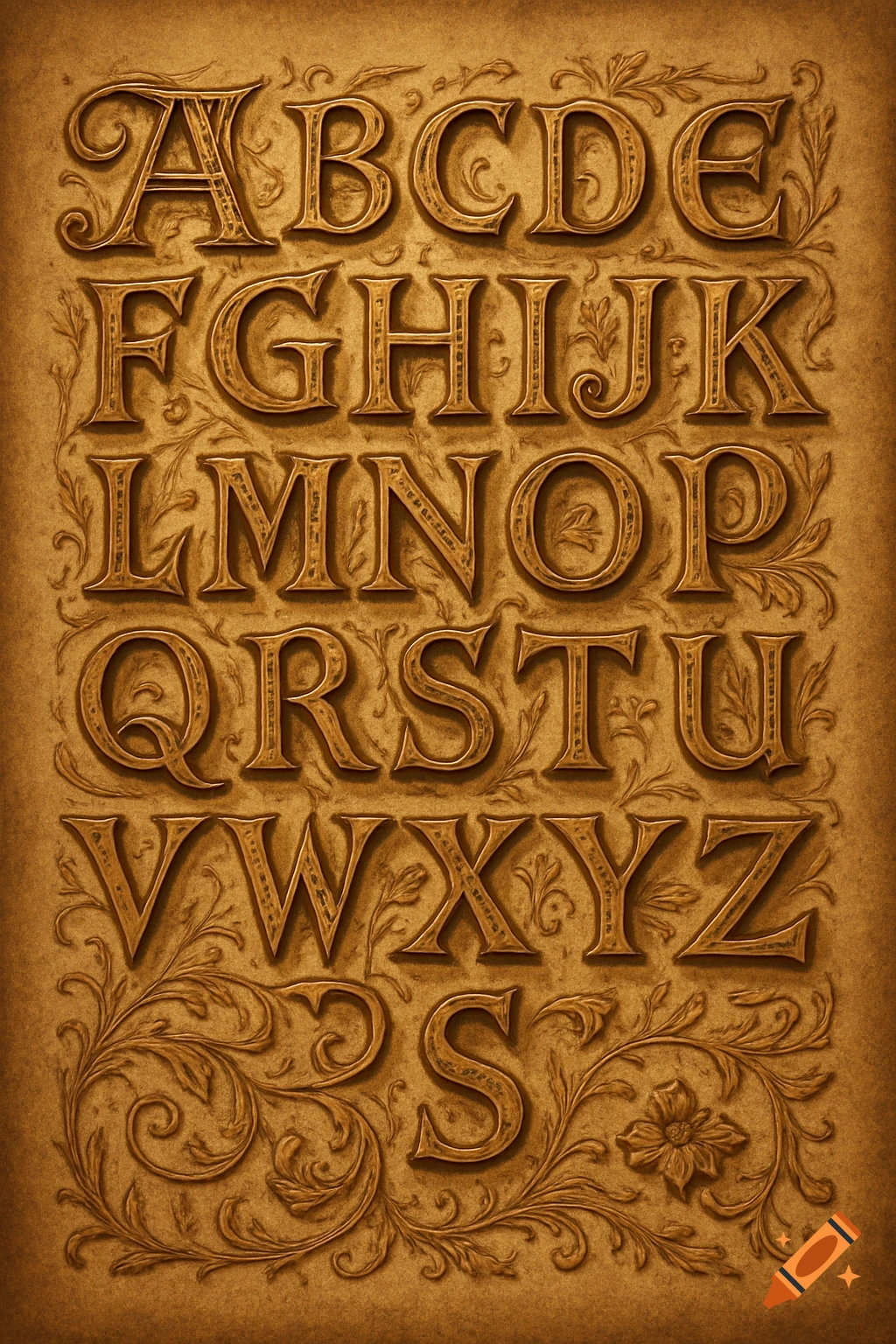 Ornate, embossed golden-brown alphabet on a textured background with decorative flourishes.