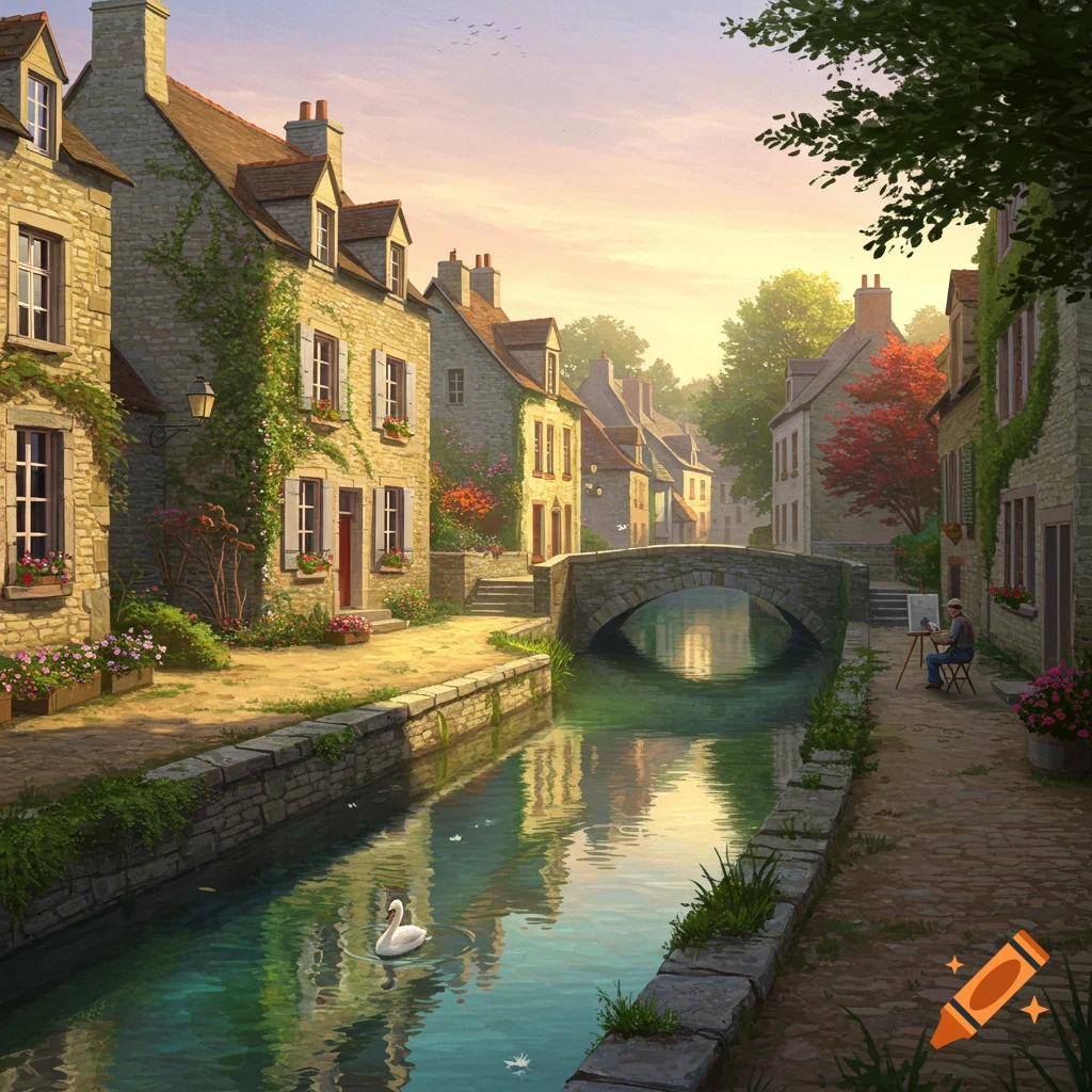 A scenic painting of a quaint European village with stone houses, a canal, an arched bridge, and a painter by the water at sunset.