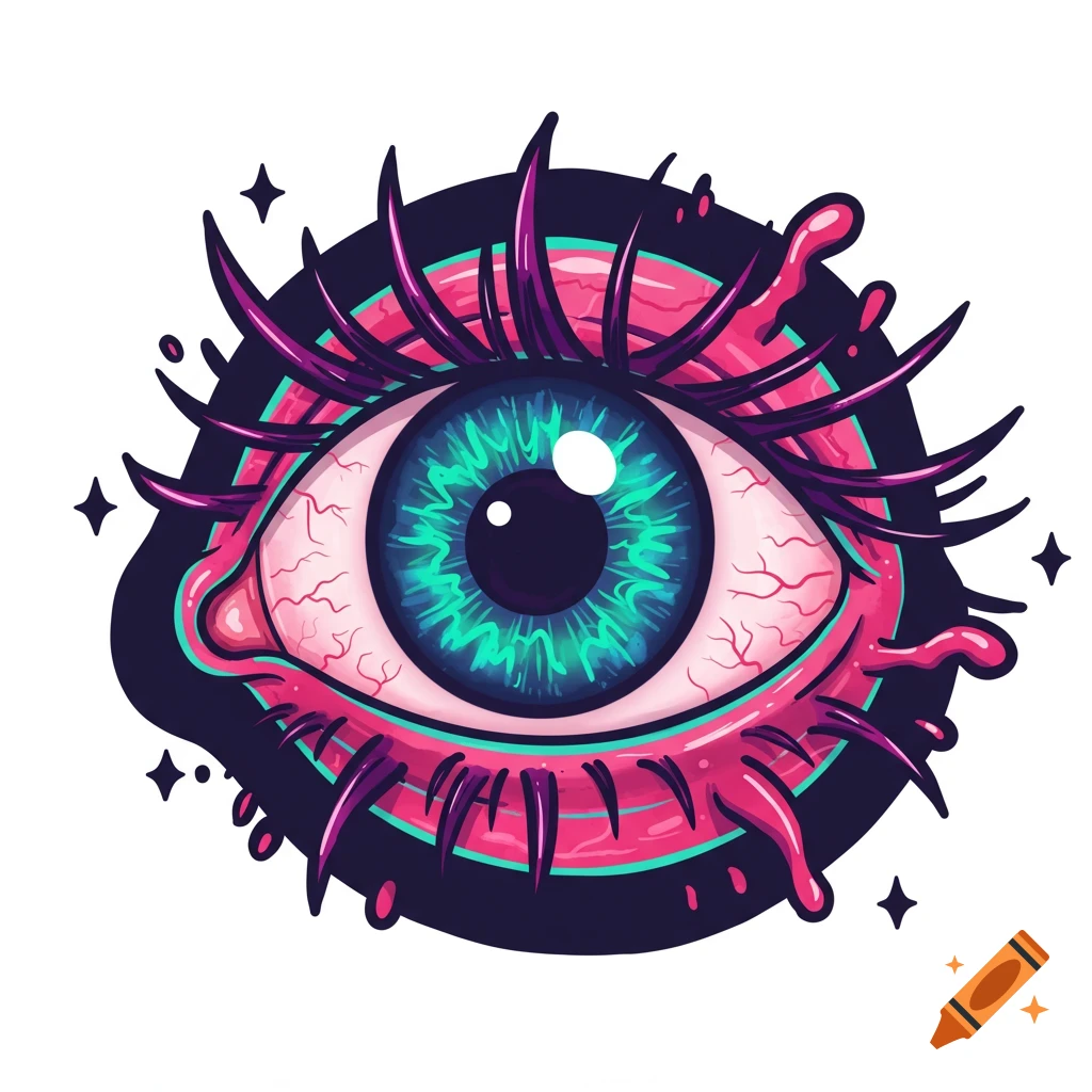 A vibrant neon-colored, stylized monster eye illustration with spiky pink lashes, a teal iris, and a bloodshot sclera, set against a dark background.