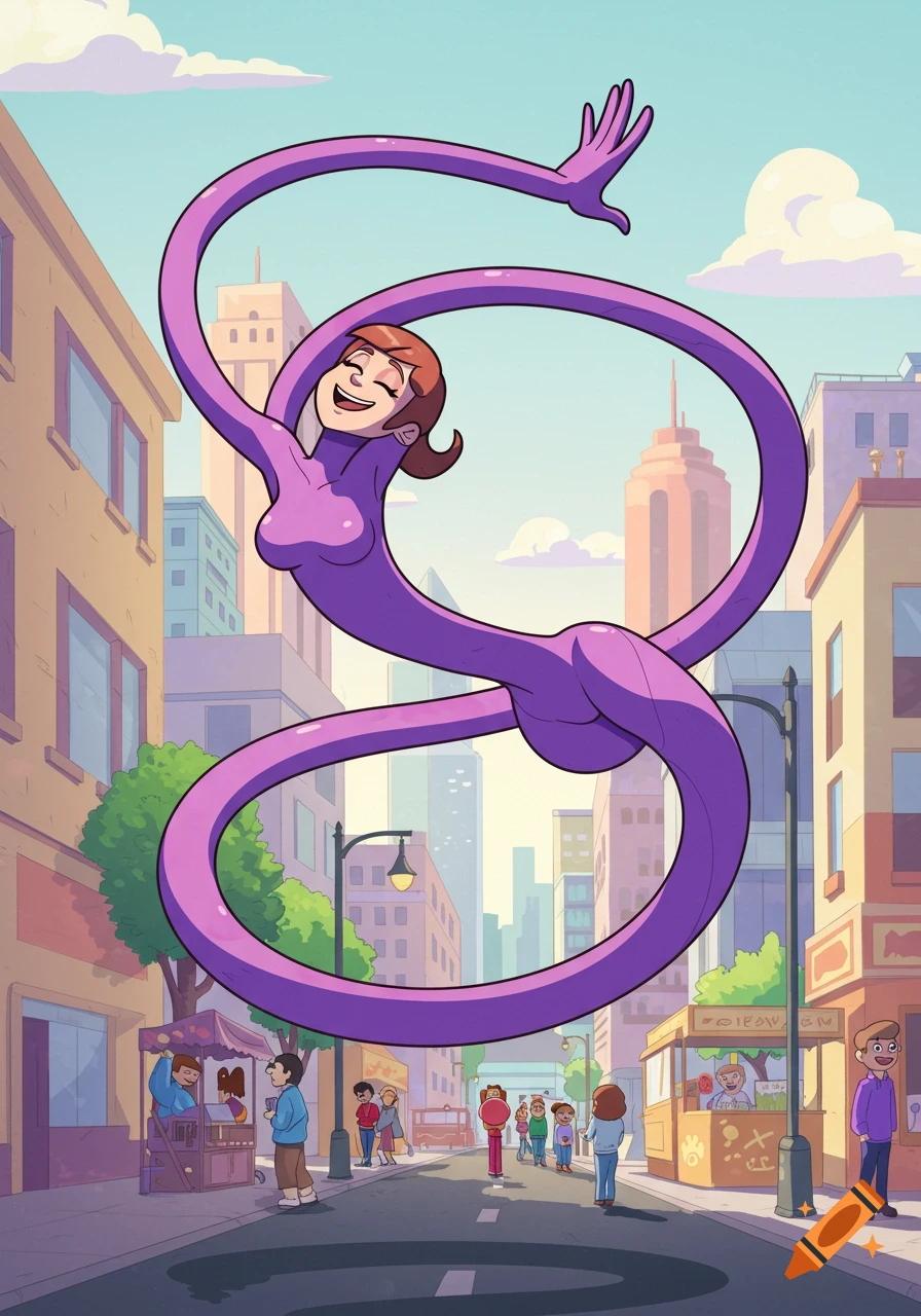 Cheerful cartoon elastic woman in a purple bodysuit stretching her limbs in a city street.