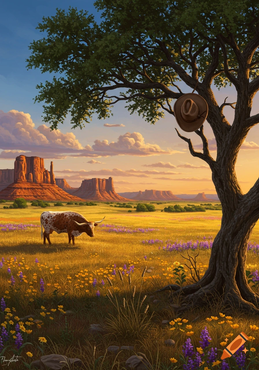 An illustrated Texas longhorn cow grazing in a sunlit field of wildflowers with distant mesas and a cowboy hat hanging from a tree.