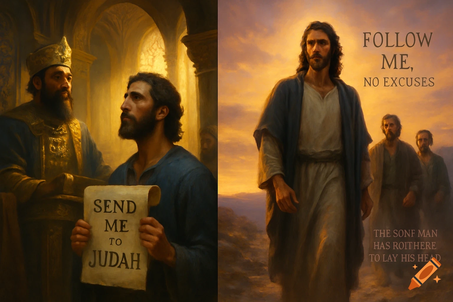 A split image; left, Nehemiah holds a scroll saying "SEND ME TO JUDAH" before a king. Right, Jesus walks with "FOLLOW ME, NO EXCUSES" and garbled text.