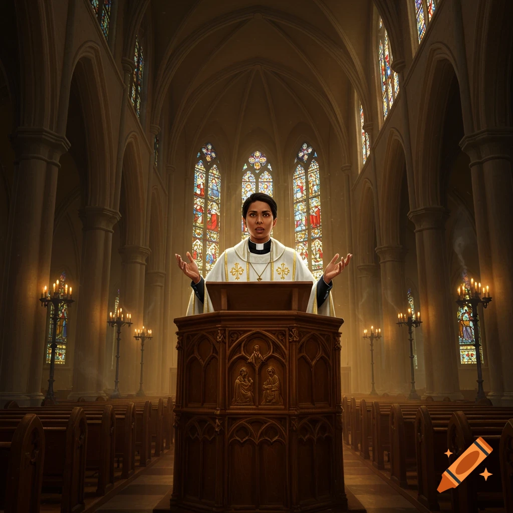 A photorealistic depiction of a female priest speaking from a wooden pulpit inside a grand church with stained glass windows.