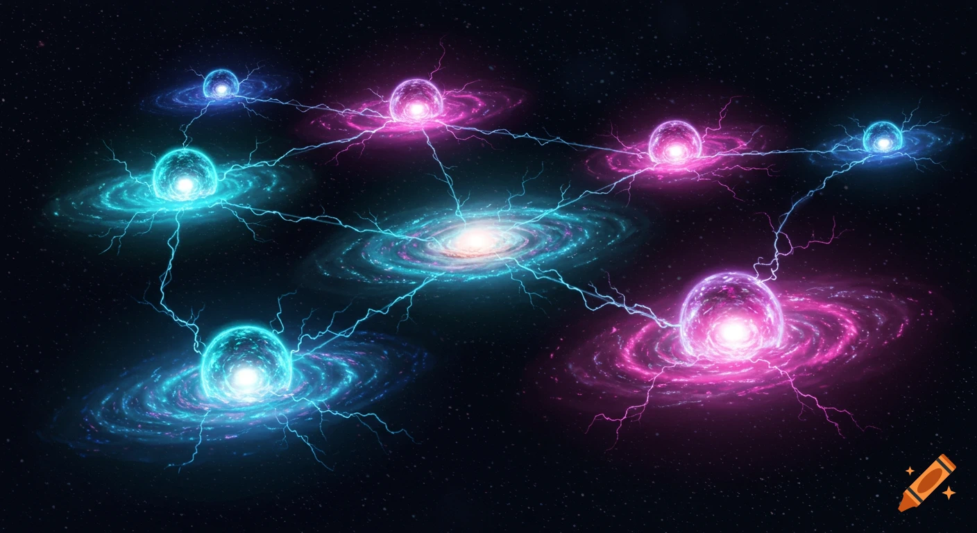Glowing blue and pink galaxies connected by electric lightning bolts in deep space.